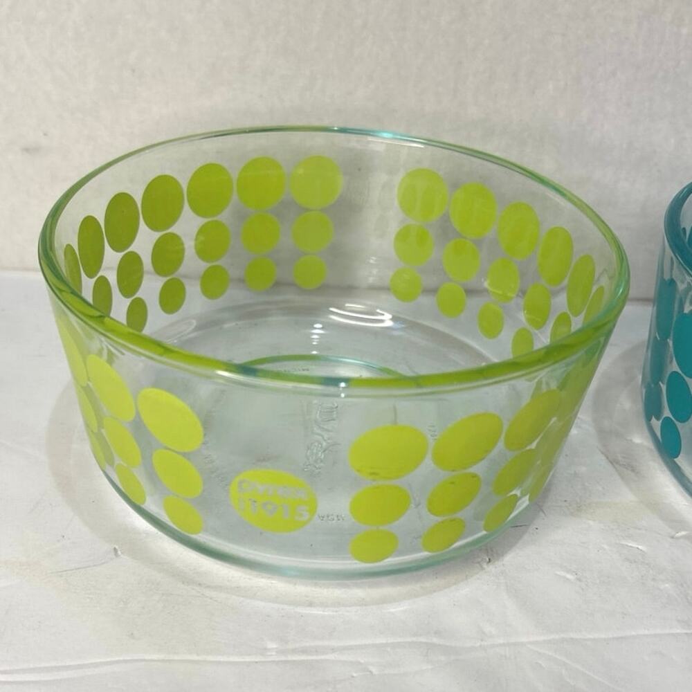 PYREX 100TH ANNIVERSARY 1915 LIME AND AQUA DOT GLASS STORAGE BOWLS-Set of 2 - Picture 2 of 9